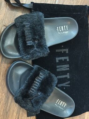 FENTY Black Faux Fur Slide Sandals